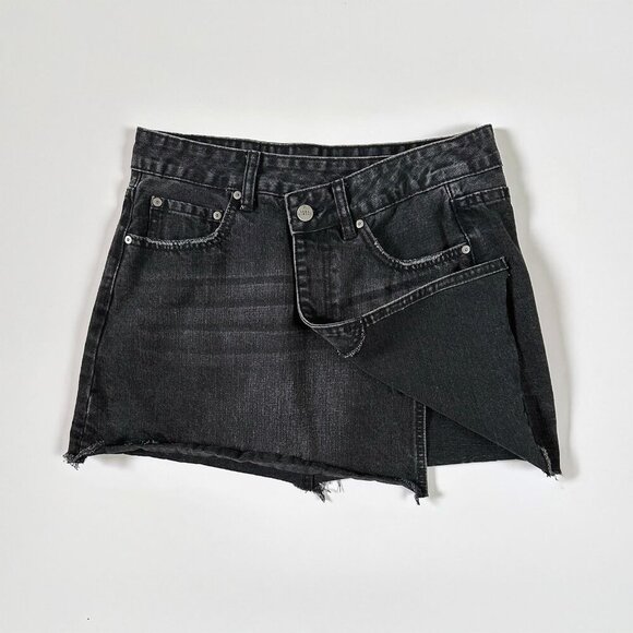Neon Blonde Distress Black Denim Skirt Asymmetrical Raw Hem Y2K 90s Grunge Sz S - Picture 2 of 8